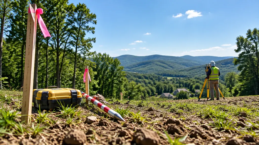 Survey stakes and equipment on a new lot in Spartanburg, SC