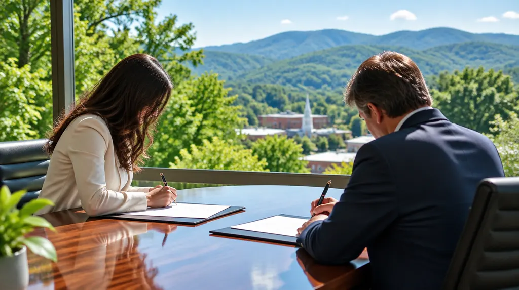 Signing documents at a polished conference table in Spartanburg, SC