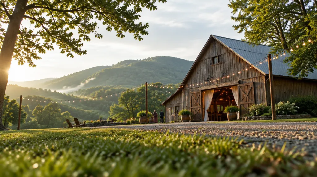 A rustic barn venue with string lights in Spartanburg, SC