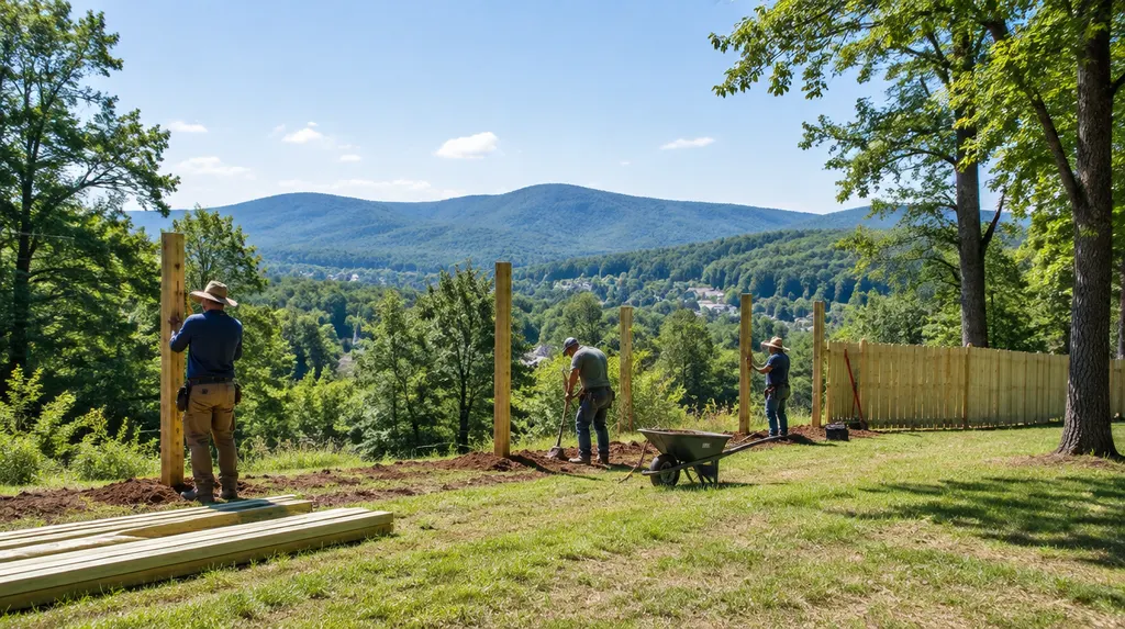 A crew setting posts for a new wood privacy fence in Spartanburg, SC