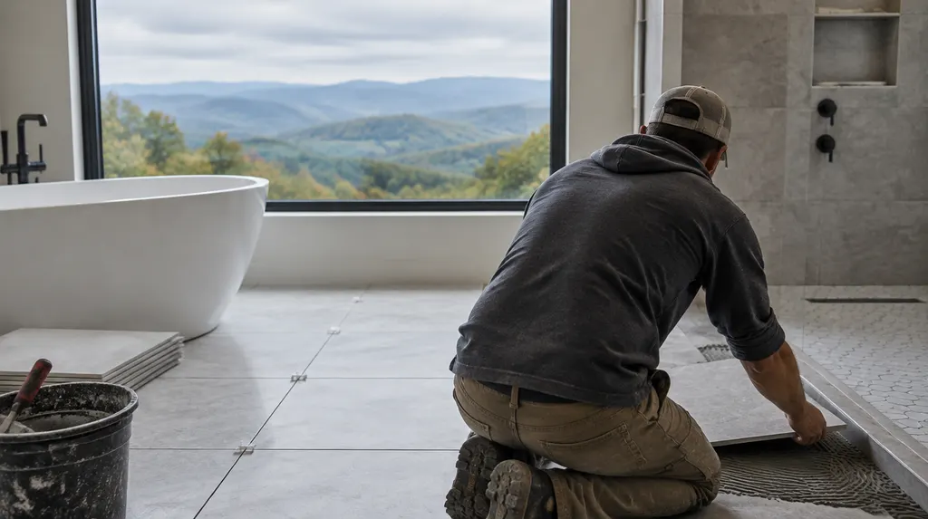 A tile setter placing large tiles in a bathroom in Spartanburg, SC