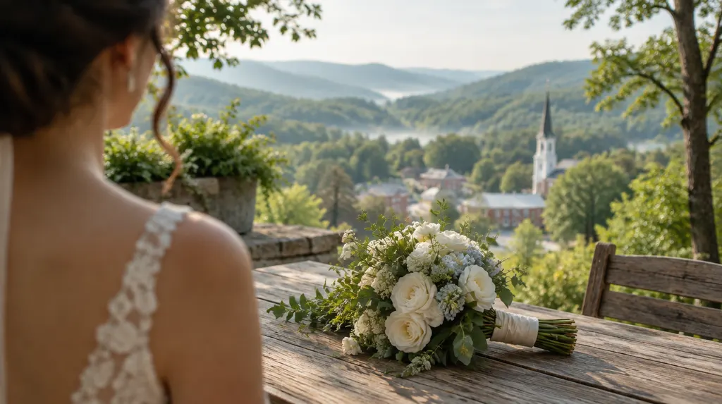 A bridal bouquet on a rustic table in Spartanburg, SC