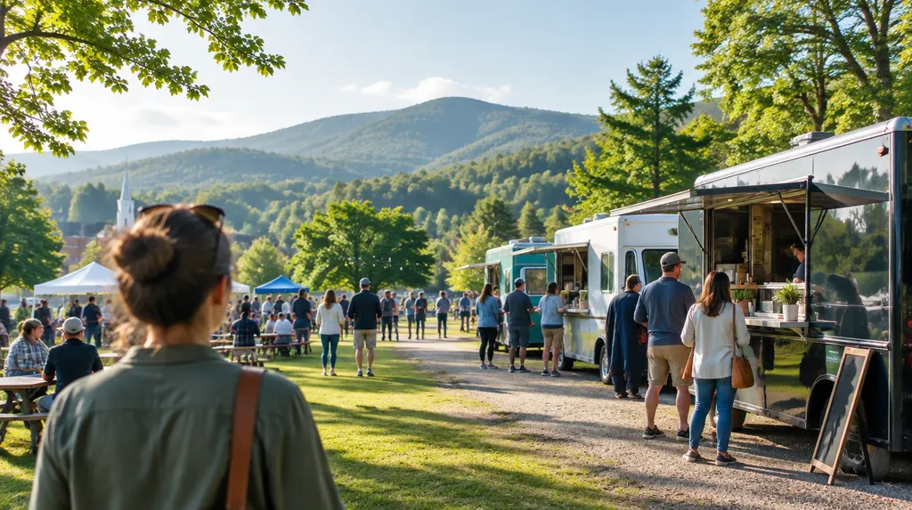 Food trucks parked at a sunny outdoor festival in Spartanburg, SC