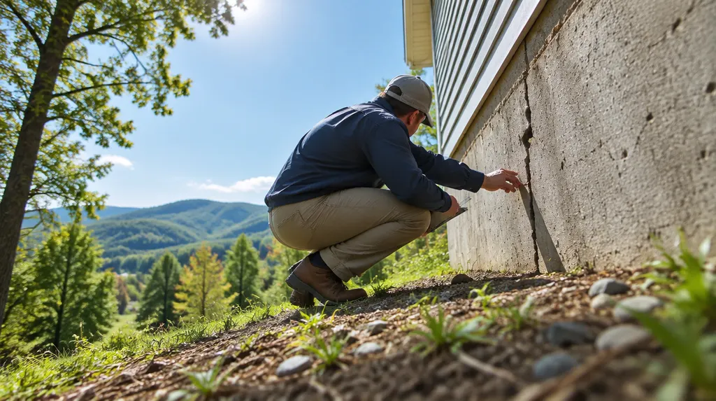 A specialist examining a crack in a foundation wall in Spartanburg, SC