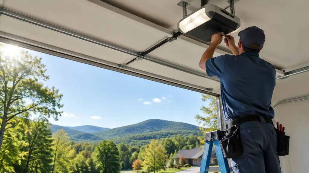 A technician adjusting a garage door opener on the ceiling in Spartanburg, SC