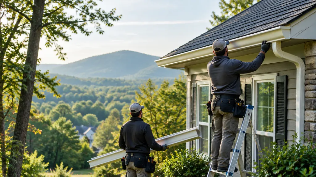 A crew installing seamless gutters on a house in Spartanburg, SC