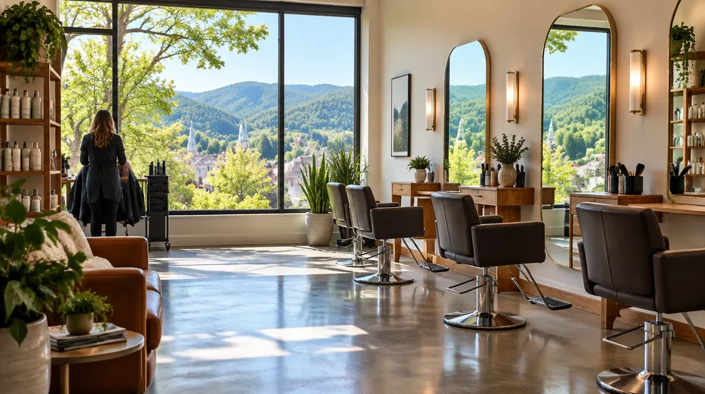 A stylish hair salon with chairs and mirrors in Spartanburg, SC