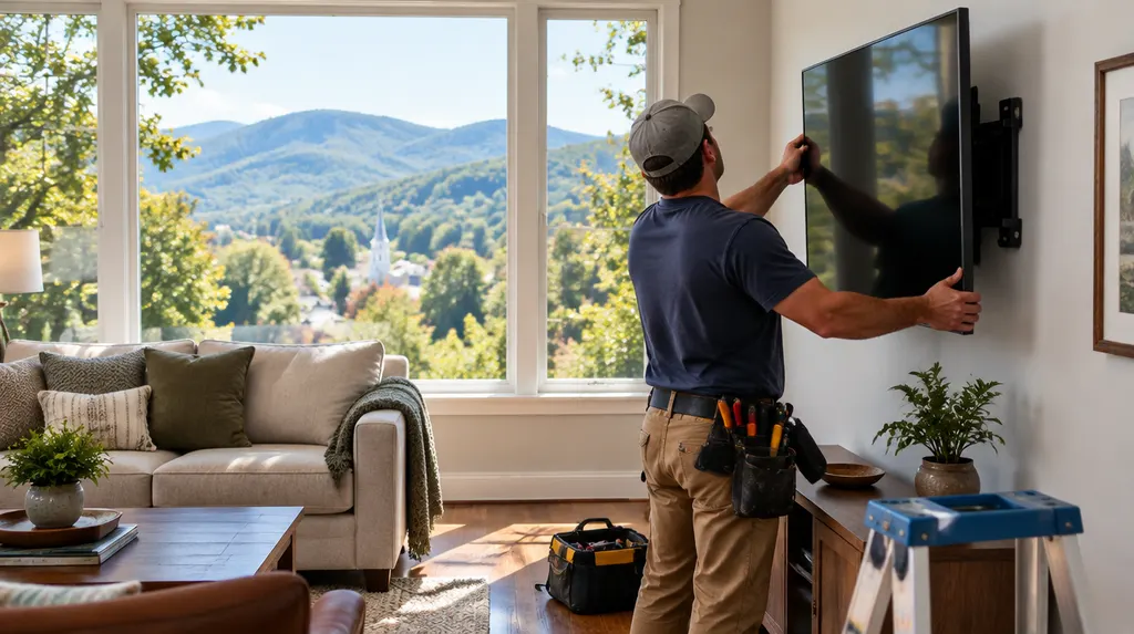A handyman mounting a TV on a living room wall in Spartanburg, SC