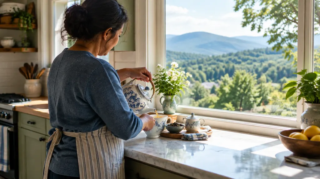 A caregiver preparing tea in a cozy kitchen in Spartanburg, SC