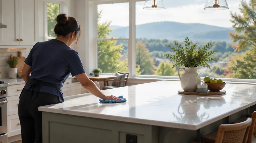 A house cleaner wiping a bright kitchen island in Spartanburg, SC