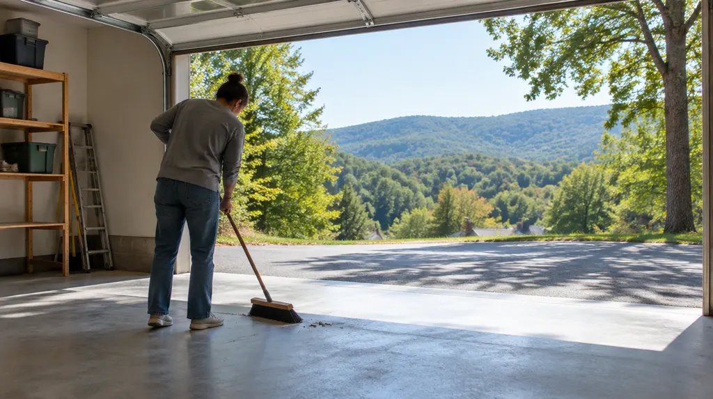 A cleared-out garage being swept in Spartanburg, SC