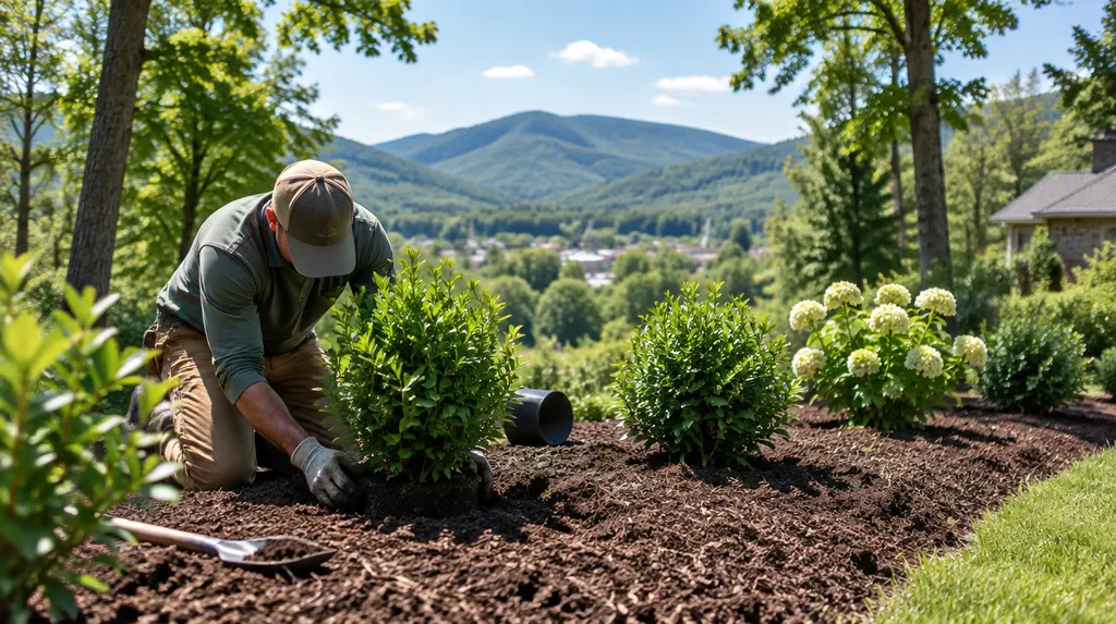 A landscaper planting shrubs in a fresh mulch bed in Spartanburg, SC