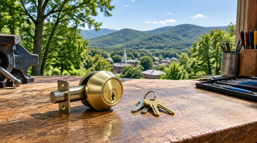 A new brass deadbolt lock and a set of keys on a locksmith’s workbench in Spartanburg, SC