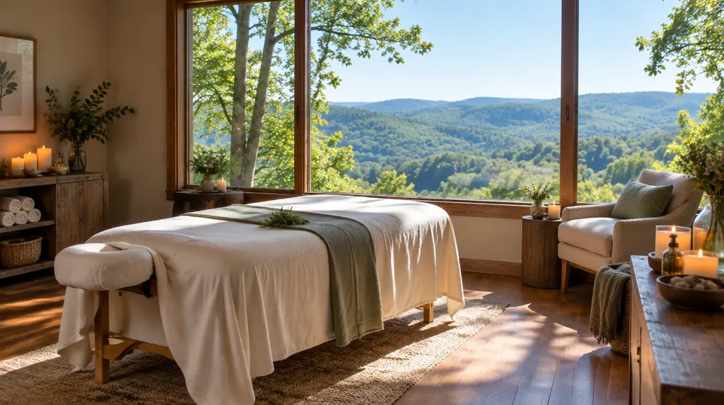 A calm massage room with a draped table and candles in Spartanburg, SC