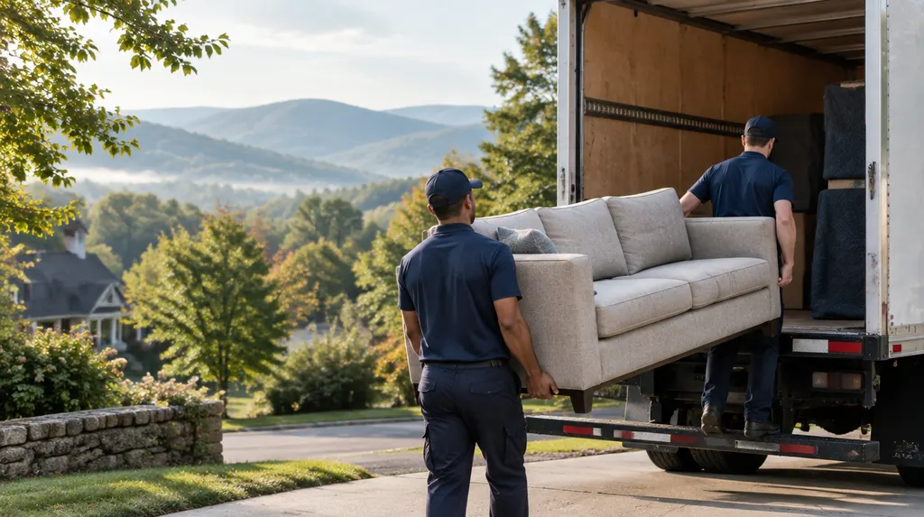 Movers carrying a sofa into a moving truck in Spartanburg, SC