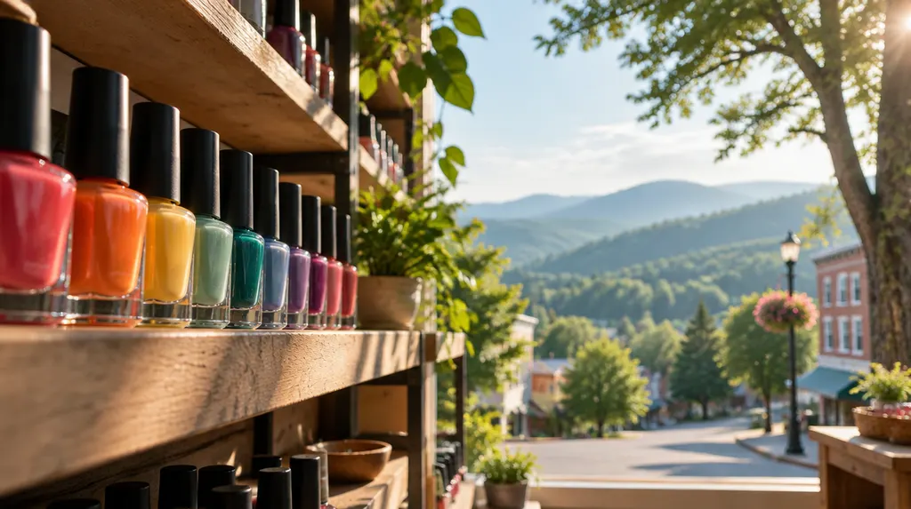 Colorful nail polish bottles on a shelf in Spartanburg, SC