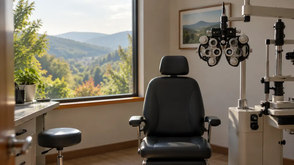 An optometry exam room with a phoropter in Spartanburg, SC