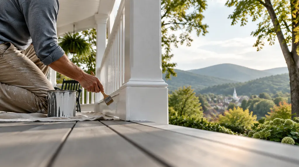 A painter brushing white trim on a porch in Spartanburg, SC