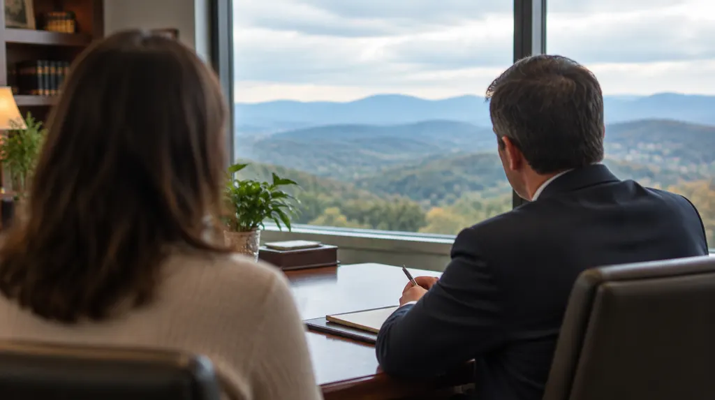 An attorney meeting a client across a desk in Spartanburg, SC