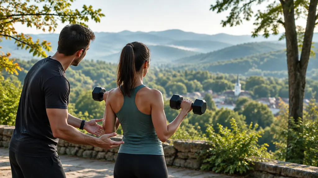 A personal trainer coaching a client with dumbbells in Spartanburg, SC