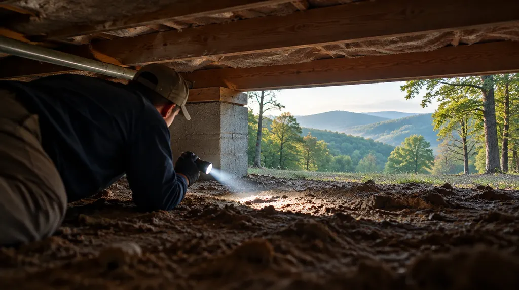 A technician inspecting a crawl space with a flashlight in Spartanburg, SC