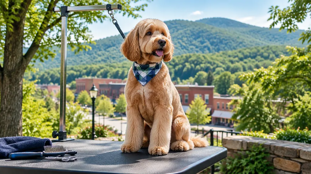 A freshly groomed dog on a grooming table in Spartanburg, SC