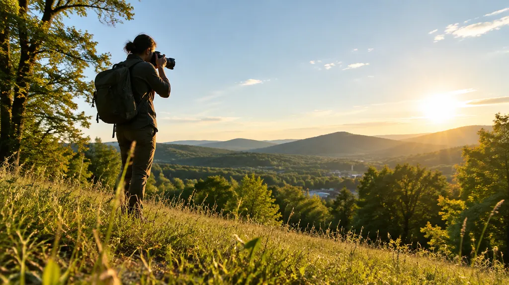 A photographer holding a camera at a golden-hour field in Spartanburg, SC
