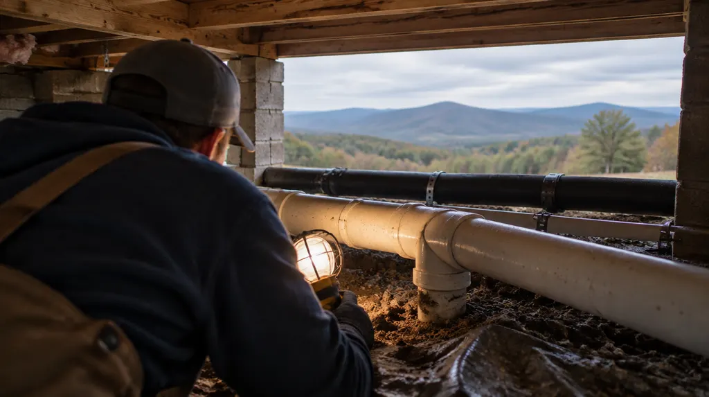 A plumber checking pipes in a crawl space with a work light in Spartanburg, SC