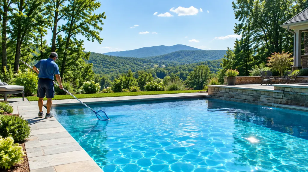 A pool technician skimming a sparkling backyard pool in Spartanburg, SC