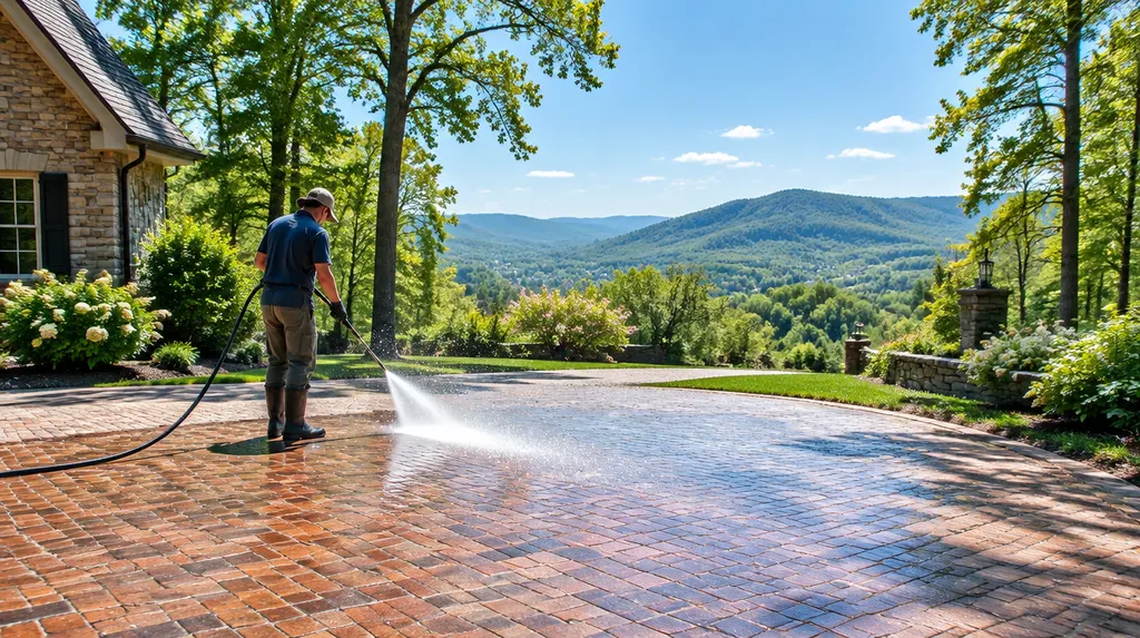 Pressure washing a brick driveway with sparkling spray in Spartanburg, SC