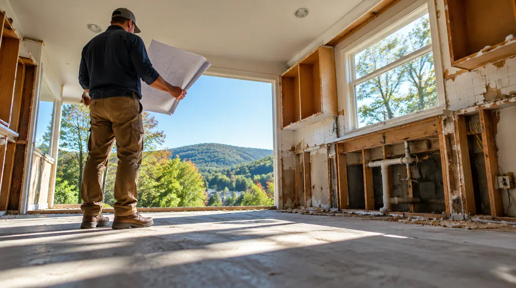A contractor reviewing plans in a gutted kitchen in Spartanburg, SC