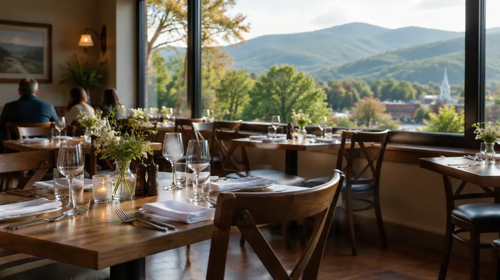 A cozy restaurant dining room with set tables in Spartanburg, SC