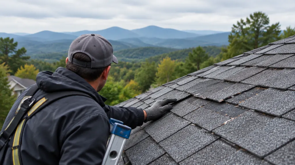 A roofer inspecting storm-damaged shingles from a ladder in Spartanburg, SC