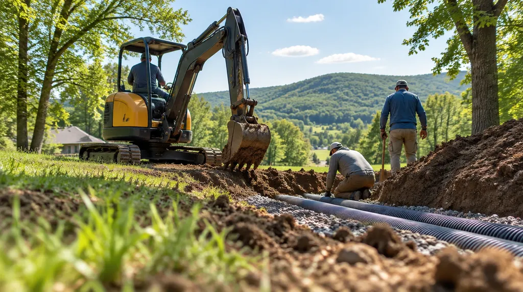 A crew repairing a drain field with a small excavator in Spartanburg, SC