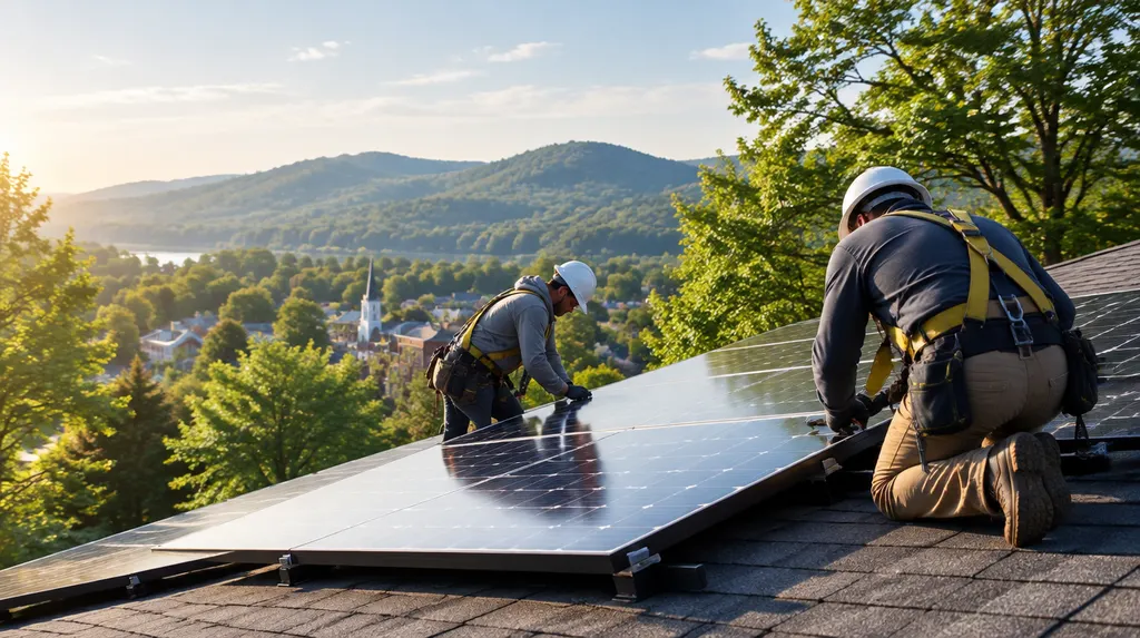 Installers mounting solar panels on a sunny roof in Spartanburg, SC