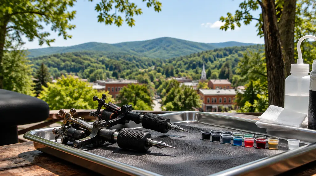 Tattoo machines and ink caps on a tray in Spartanburg, SC