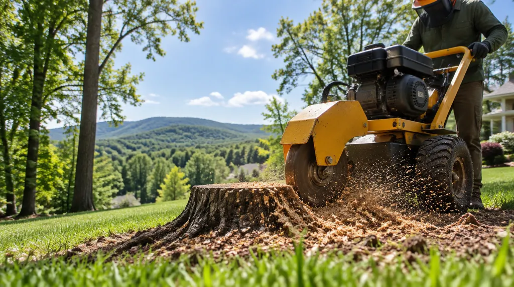 A stump grinder working in a sunny backyard in Spartanburg, SC