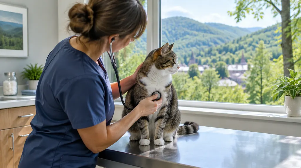 A vet checking a cat in a bright clinic in Spartanburg, SC