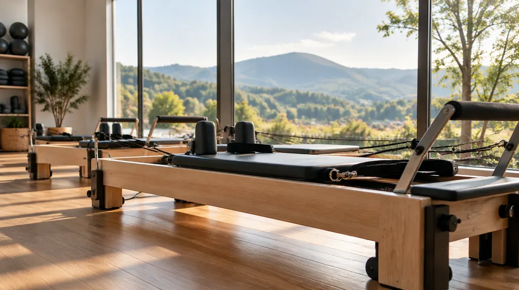 Pilates reformer machines in a bright studio in Spartanburg, SC