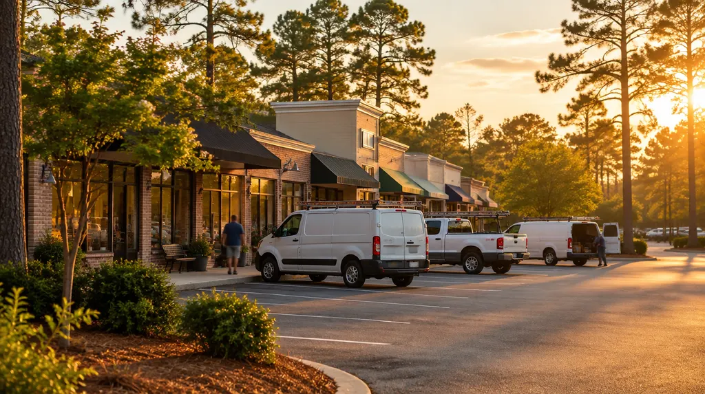 Local businesses along a street in St. Andrews, South Carolina