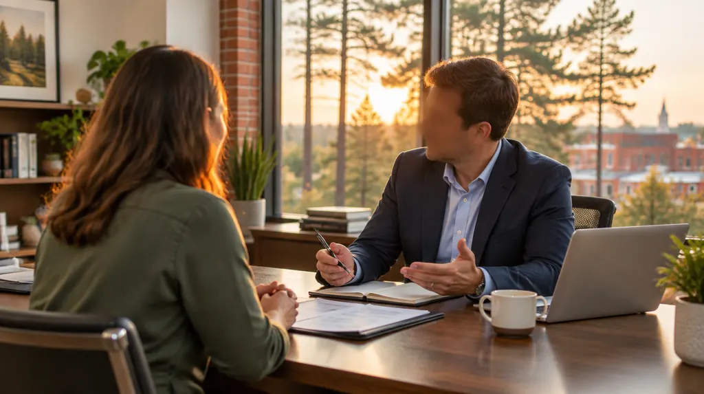 A CPA meeting a small business owner in a bright office in St. Andrews, SC