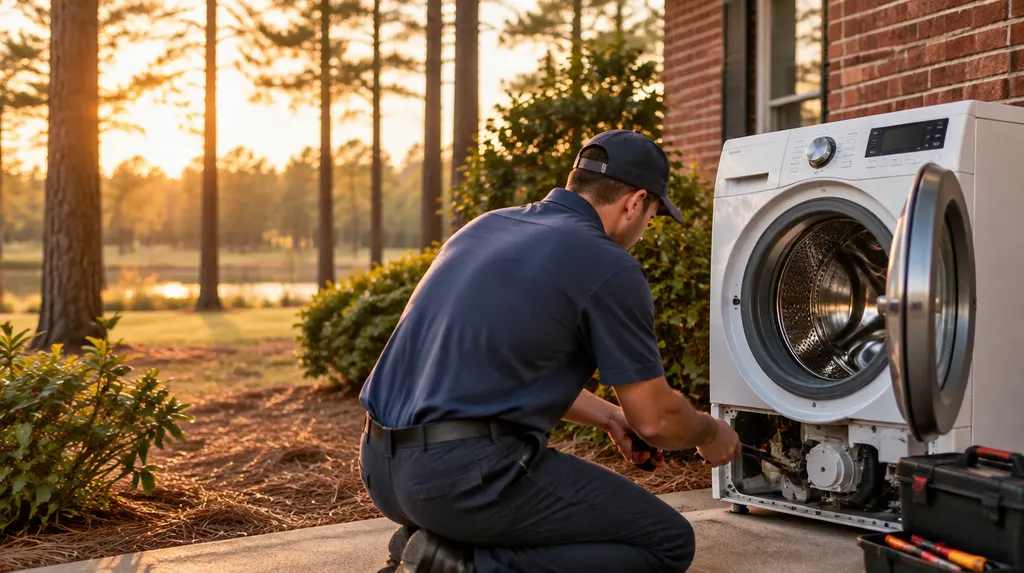 A technician fixing a front-load washer in St. Andrews, SC