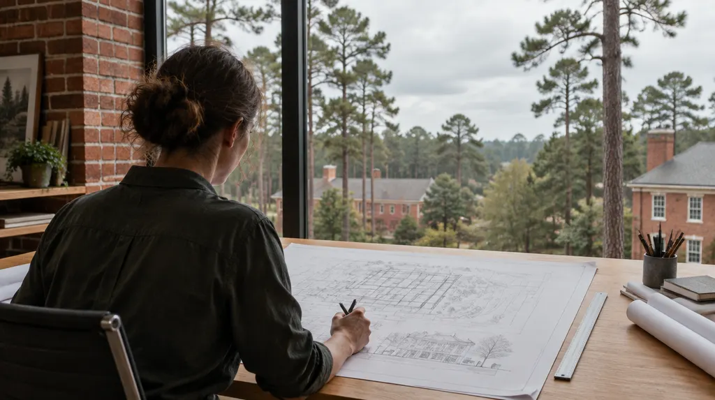 An architect reviewing blueprints at a drafting table in St. Andrews, SC