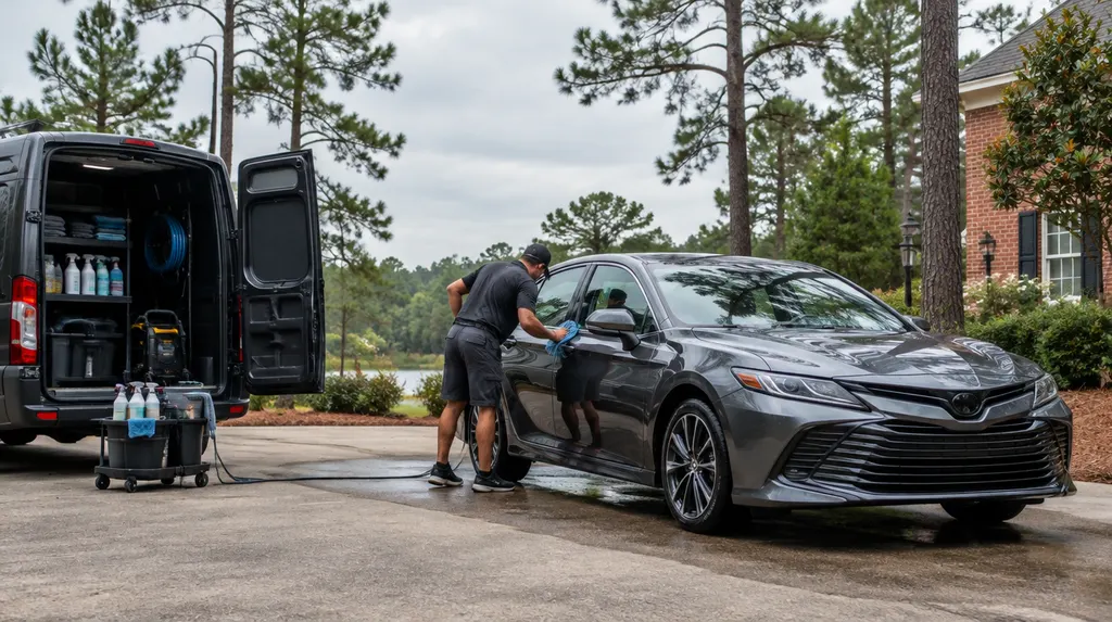 A mobile detailing van parked beside a gleaming sedan in St. Andrews, SC