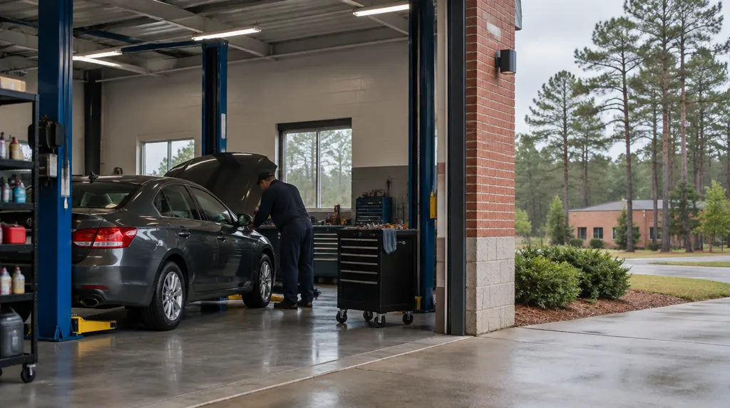 A clean auto shop service bay with a car inside in St. Andrews, SC