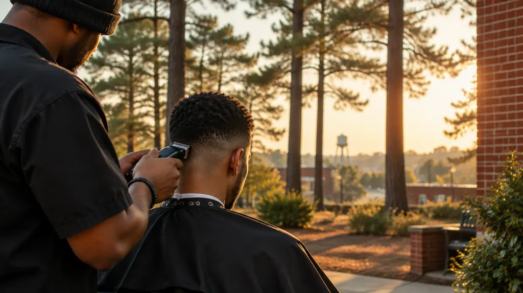 A barber trimming a fade with clippers in St. Andrews, SC