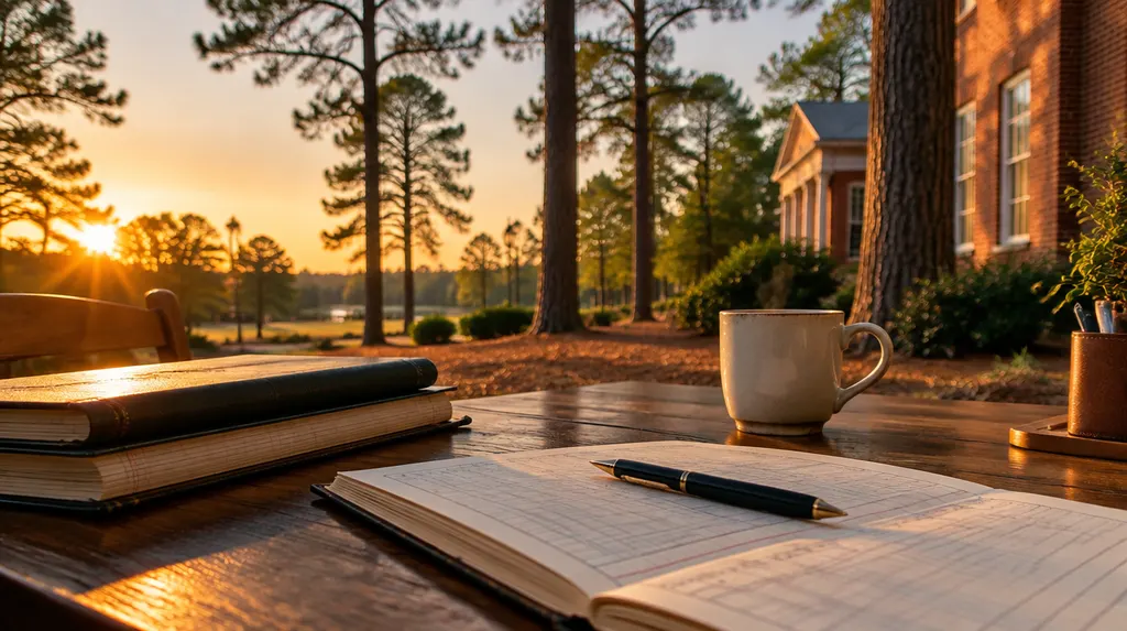 A neat desk with ledgers and a coffee cup in St. Andrews, SC