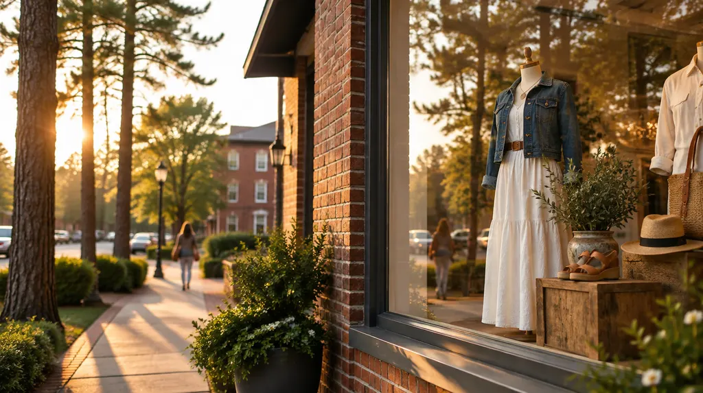 A boutique window display on a sunny street in St. Andrews, SC