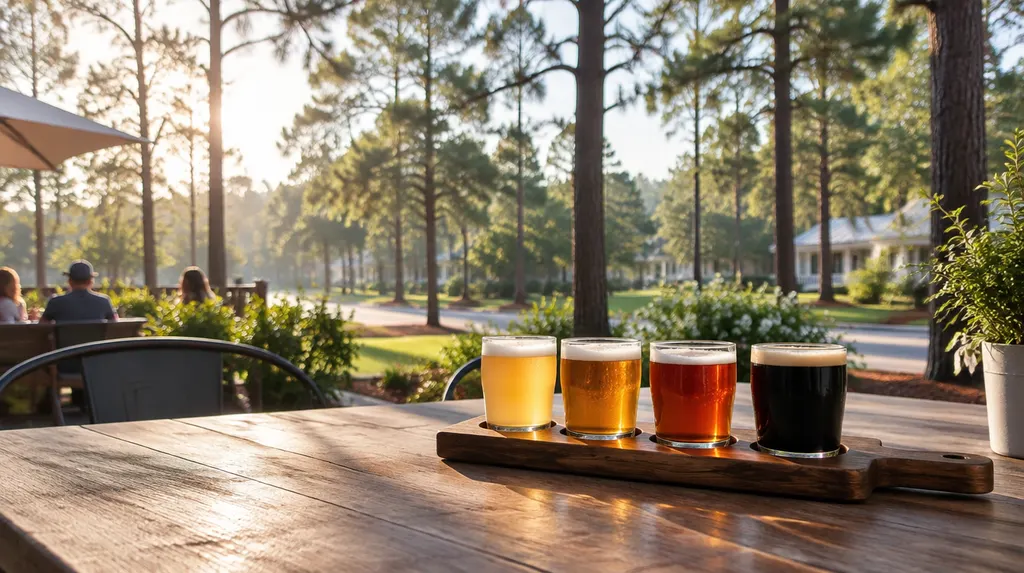 A flight of beers on a wooden board in St. Andrews, SC
