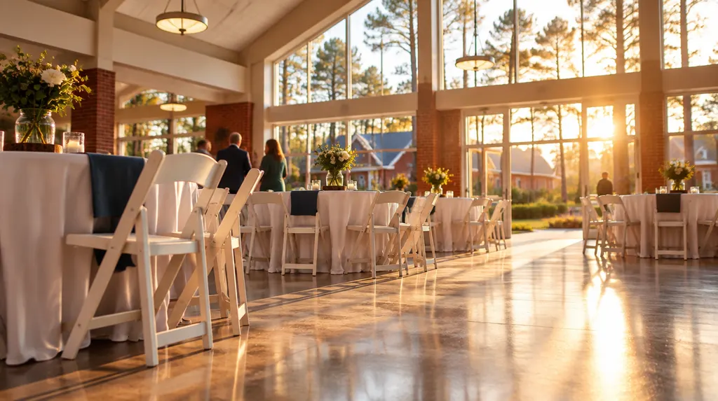 A bright community fellowship hall set for an event in St. Andrews, SC